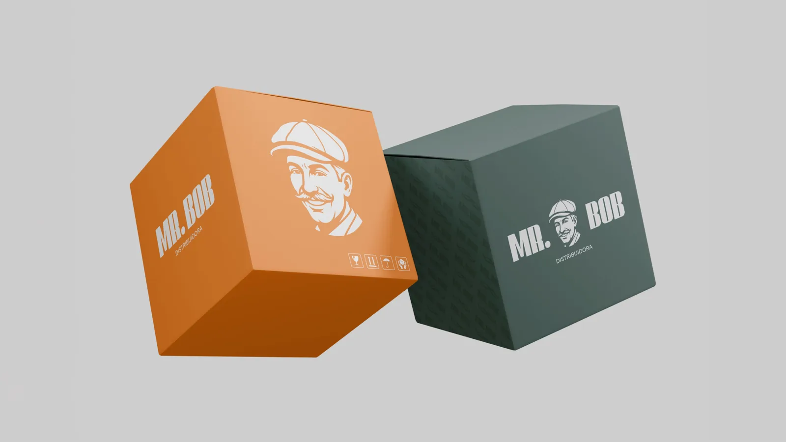 Caixas laranja e verde com a marca